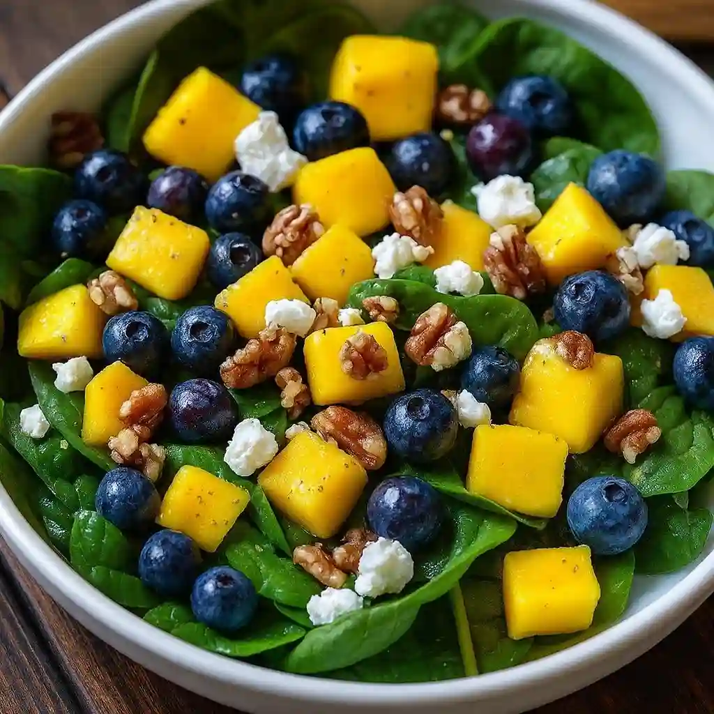 Close-up of mango blueberry spinach salad with walnuts and feta