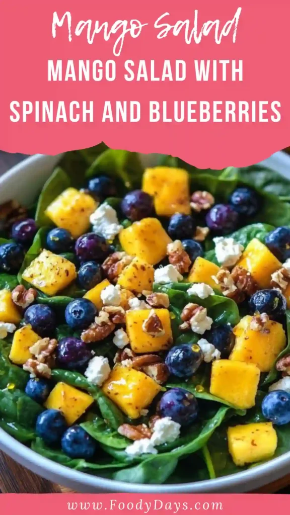 Close-up of mango blueberry spinach salad with walnuts and feta