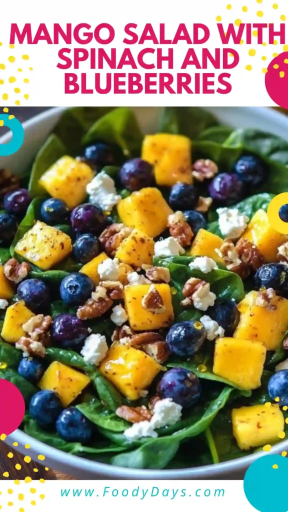 Close-up of mango blueberry spinach salad with walnuts and feta
