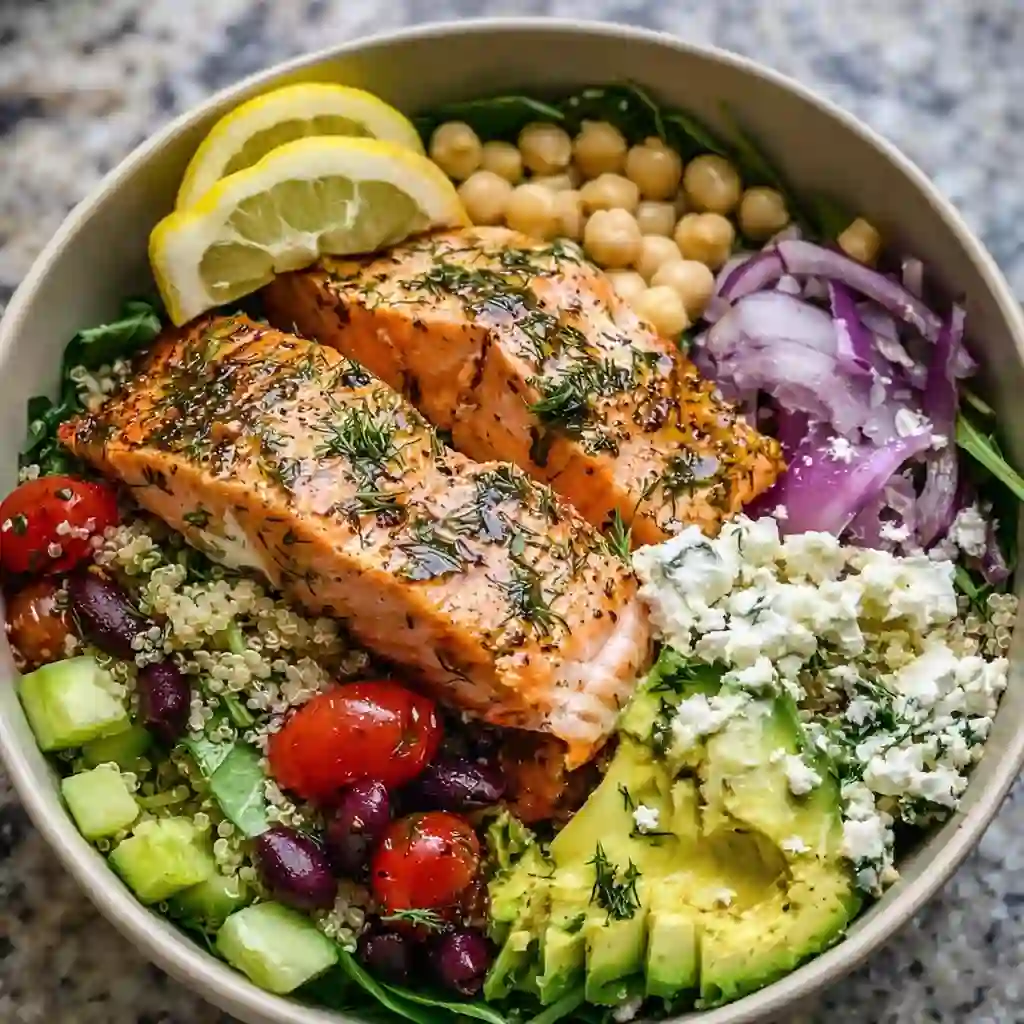 Mediterranean Salmon Bowl with flaky salmon, fresh vegetables, and grains