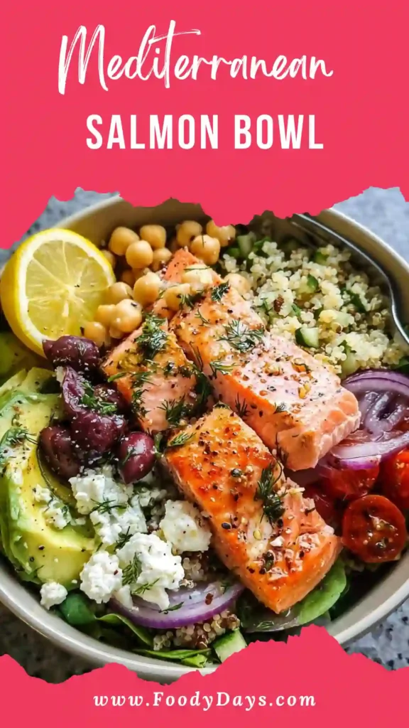 Mediterranean Salmon Bowl with flaky salmon, fresh vegetables, and grains