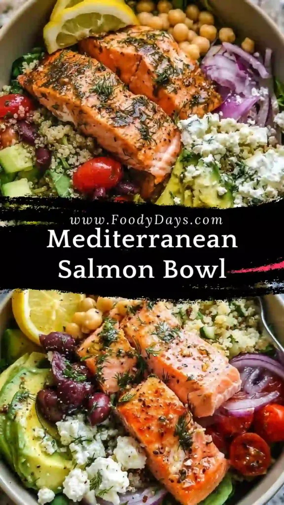 Mediterranean Salmon Bowl with flaky salmon, fresh vegetables, and grains