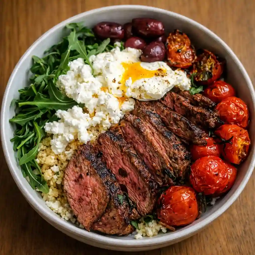Mediterranean Steak Bowl Recipe with sliced sirloin steaks, grains, and fresh vegetables