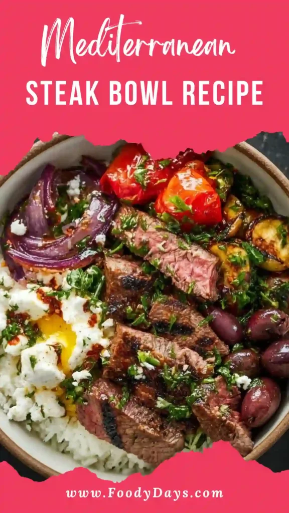 Mediterranean Steak Bowl Recipe with sliced sirloin steaks, grains, and fresh vegetables