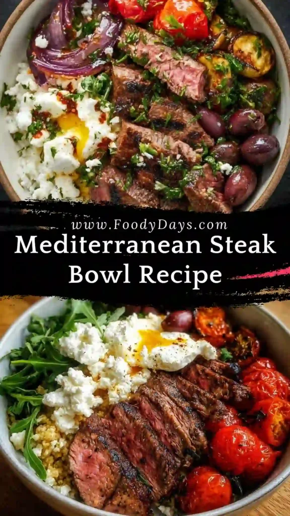 Mediterranean Steak Bowl Recipe with sliced sirloin steaks, grains, and fresh vegetables