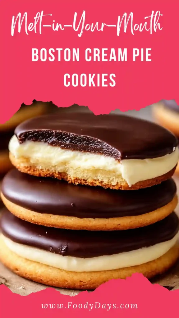 Melt-in-your-mouth Boston cream pie cookies with vanilla cream and chocolate glaze