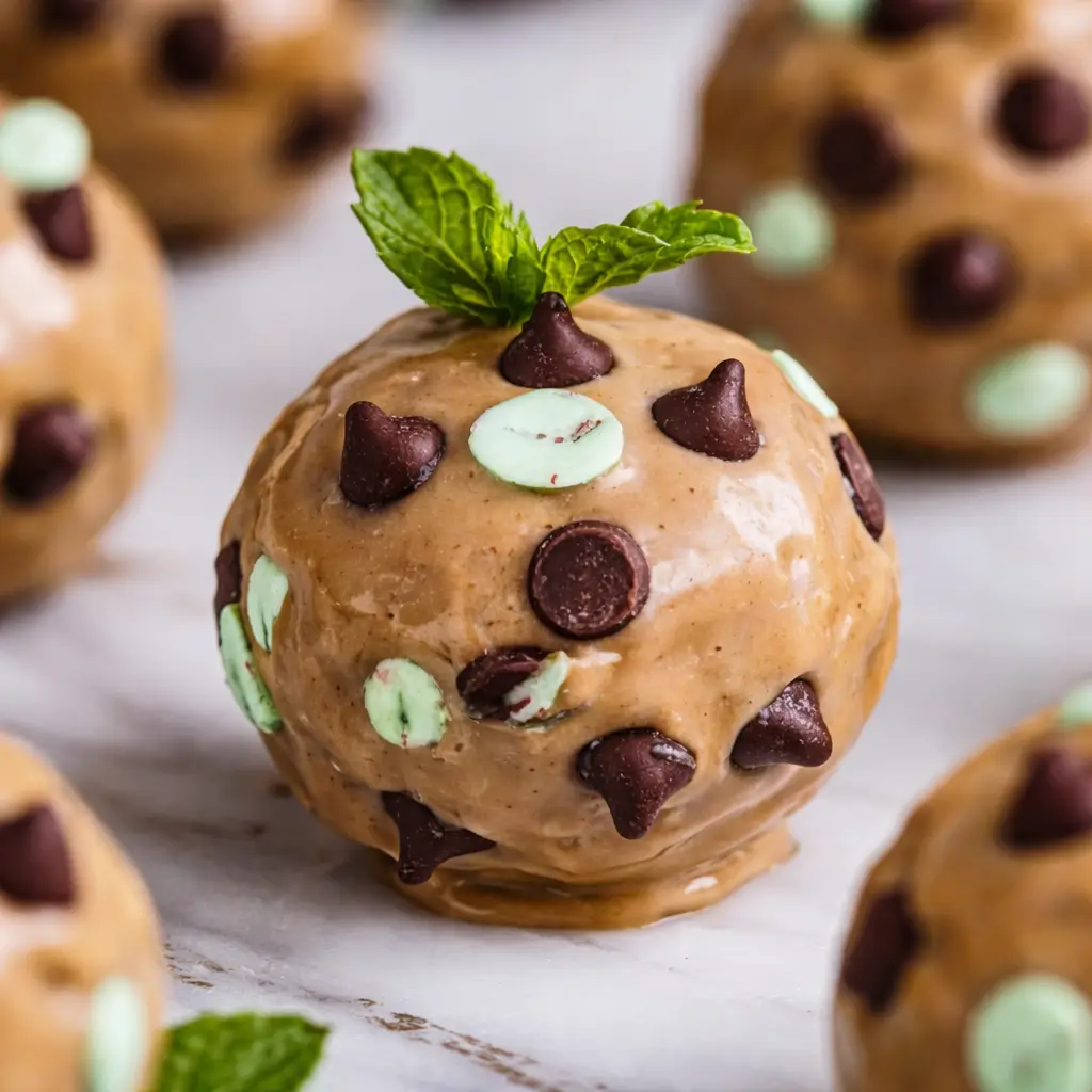 Mint Chocolate Chip Protein Balls arranged as a family-friendly snack on a white marble background