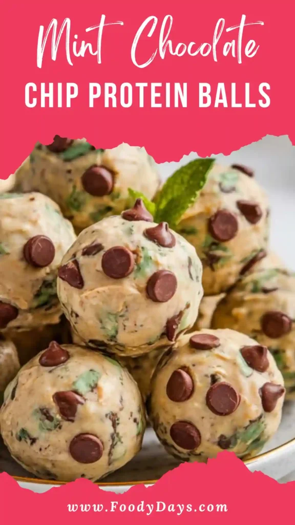 Mint Chocolate Chip Protein Balls arranged as a family-friendly snack on a white marble background