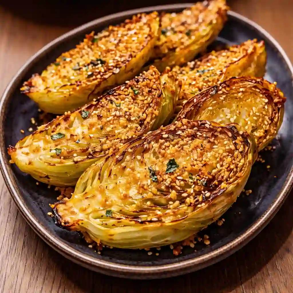 Miso butter roasted cabbage wedges served family style