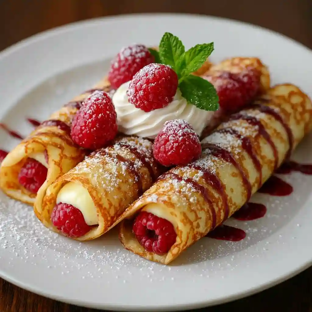Raspberry Vanilla Cream Crepes served family-style on a plate