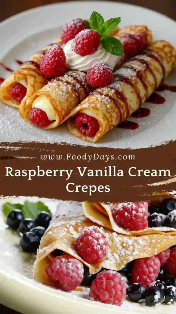 Raspberry Vanilla Cream Crepes served family-style on a plate