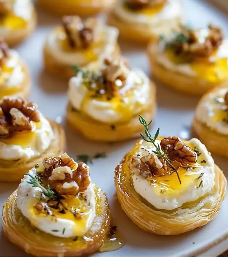 Simple puff pastry bites with fresh cheese topped with honey