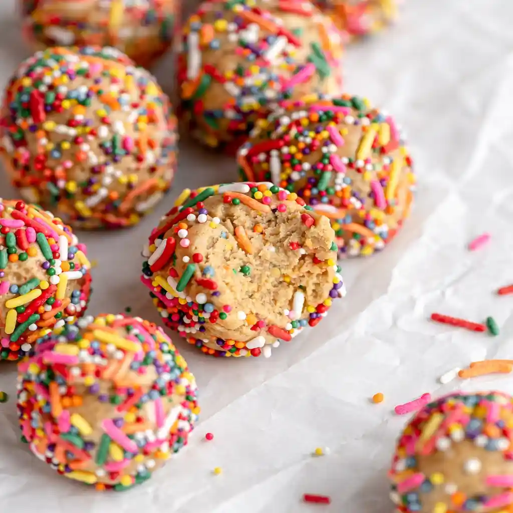 Family-friendly Birthday Cake Batter Protein Balls with colorful sprinkles on white marble background