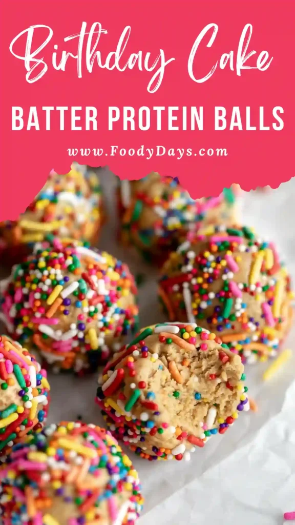 Family-friendly Birthday Cake Batter Protein Balls with colorful sprinkles on white marble background