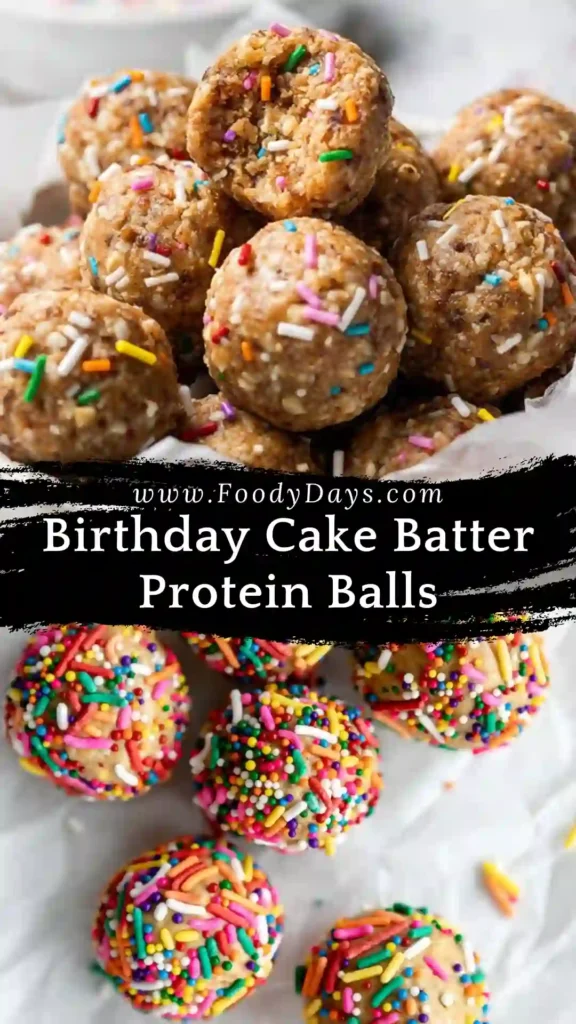 Family-friendly Birthday Cake Batter Protein Balls with colorful sprinkles on white marble background