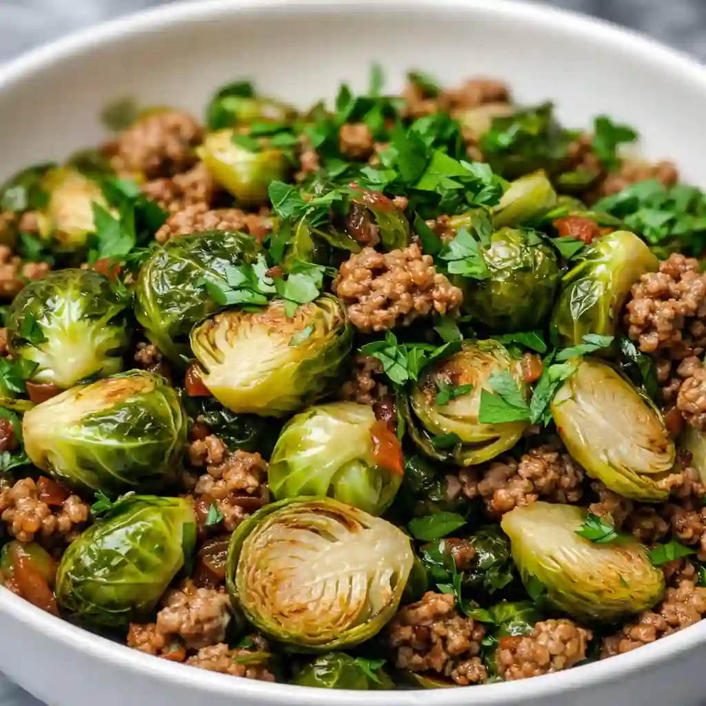 Brussels Sprouts Ground Turkey Skillet served family-style on white marble background