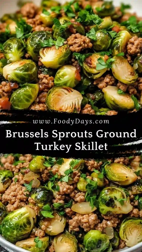 Brussels Sprouts Ground Turkey Skillet served family-style on white marble background