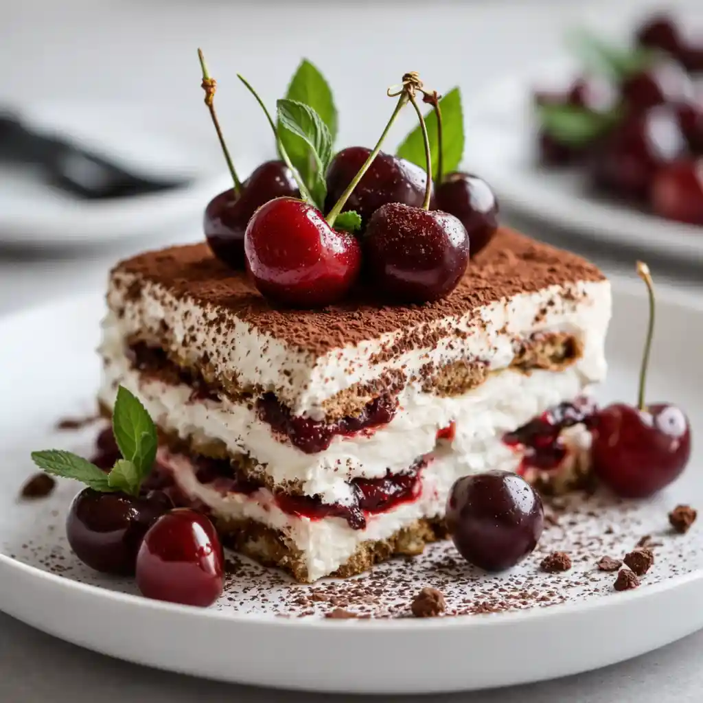 Family-friendly Cherry Amaretto Tiramisu with mascarpone and cherries on white marble background