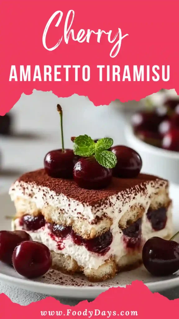 Family-friendly Cherry Amaretto Tiramisu with mascarpone and cherries on white marble background