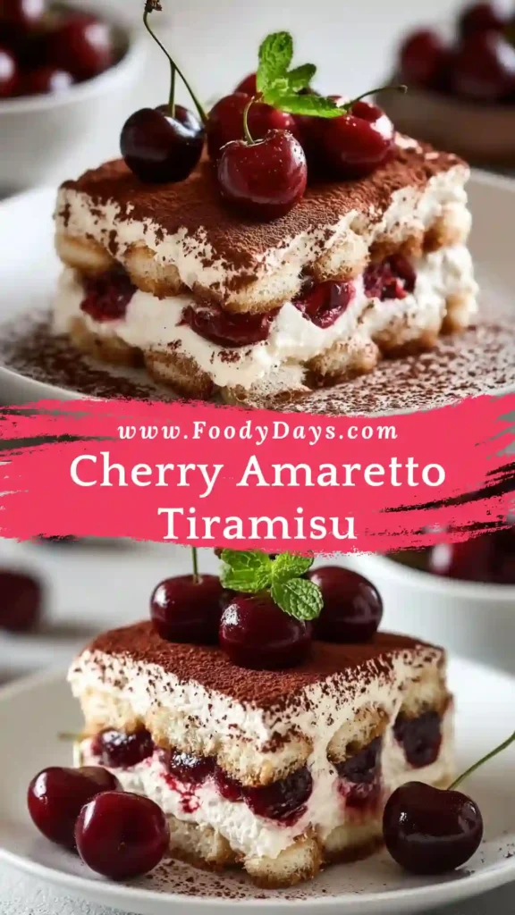 Family-friendly Cherry Amaretto Tiramisu with mascarpone and cherries on white marble background