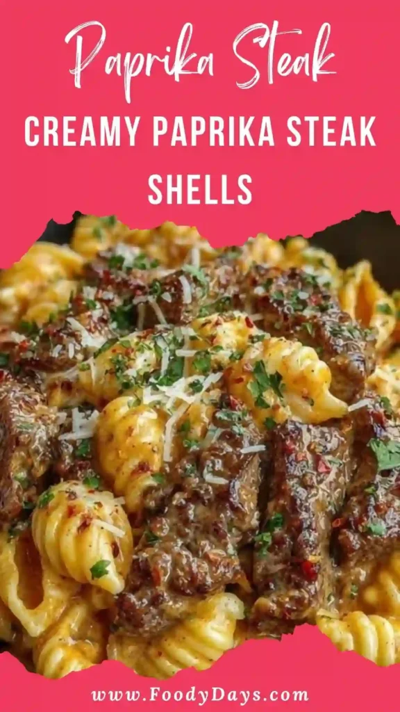 Creamy Paprika Steak Shells served family style in a warm bowl