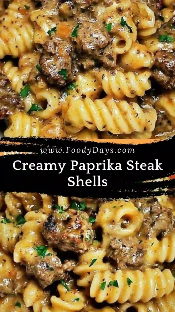Creamy Paprika Steak Shells served family style in a warm bowl