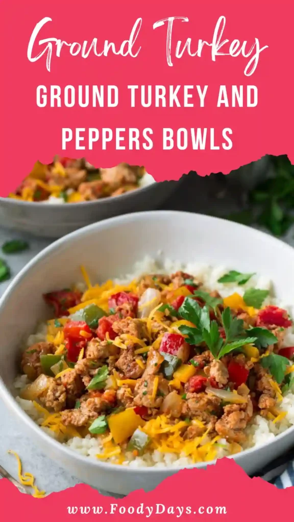Ground Turkey And Peppers Bowls served family-style on white marble background