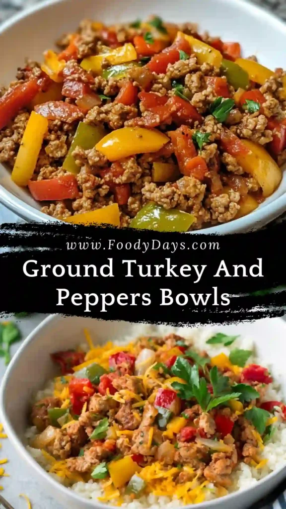 Ground Turkey And Peppers Bowls served family-style on white marble background