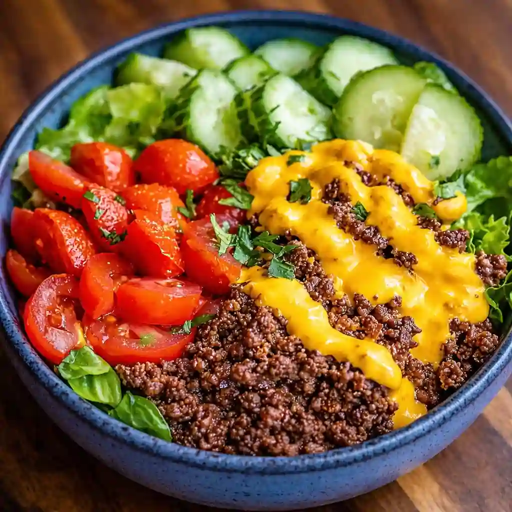 Family-friendly High-Protein Cheeseburger Bowls with beef, cheese, and fresh toppings on white marble background