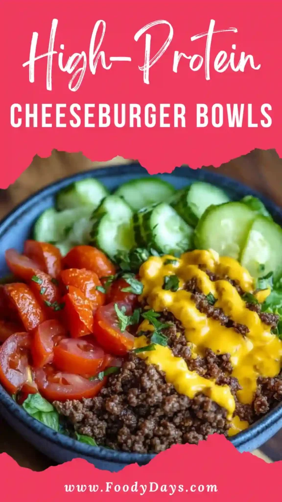 Family-friendly High-Protein Cheeseburger Bowls with beef, cheese, and fresh toppings on white marble background