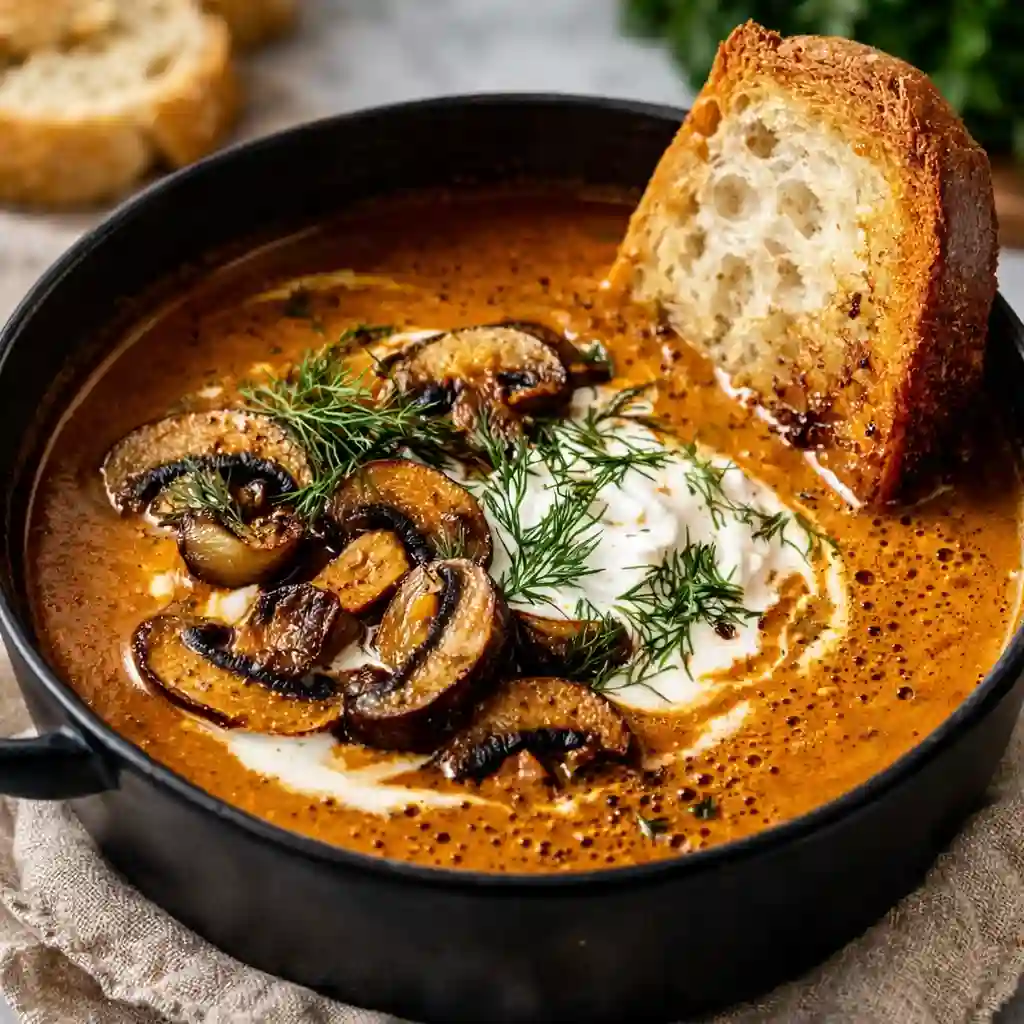 Hungarian Mushroom Soup served warm in a family-friendly bowl