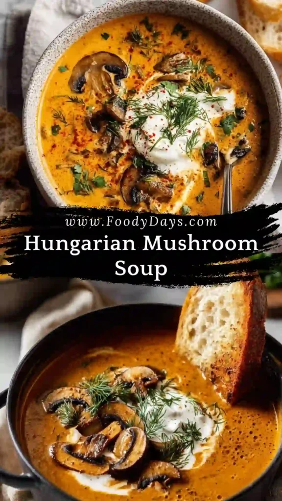 Hungarian Mushroom Soup served warm in a family-friendly bowl