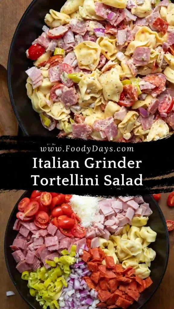 Italian Grinder Tortellini Salad served family style with tortellini and Italian meats