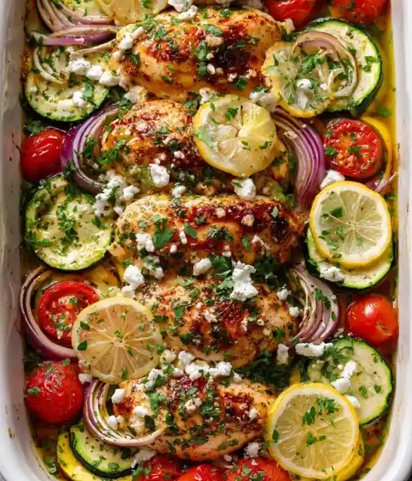 Family-friendly Mediterranean Chicken Zucchini Bake with baked chicken and zucchini on white marble background