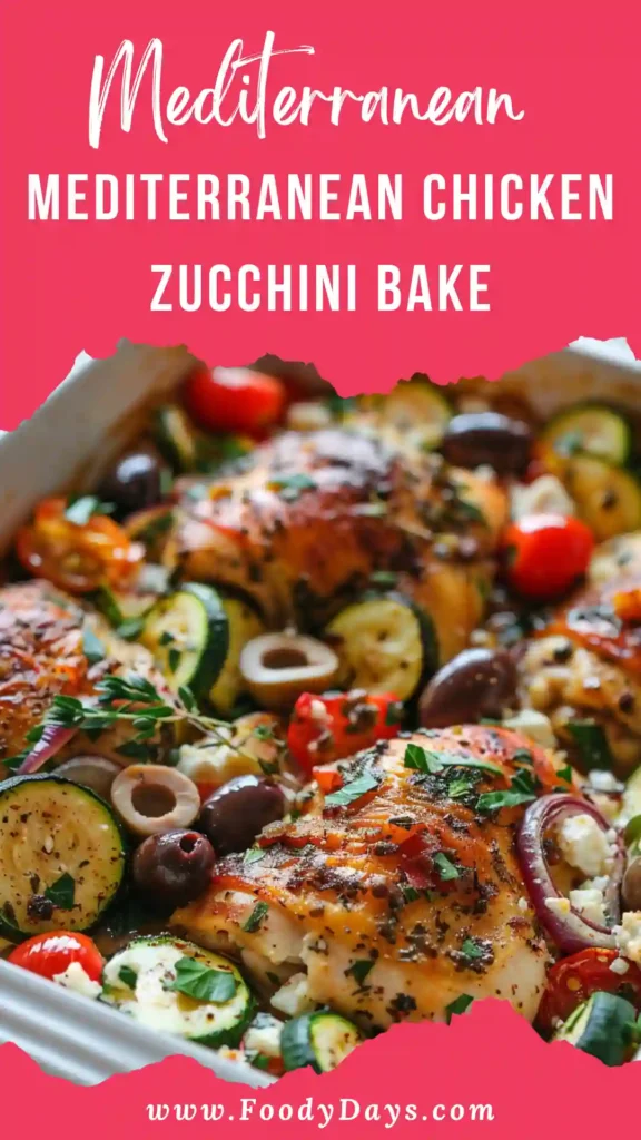 Family-friendly Mediterranean Chicken Zucchini Bake with baked chicken and zucchini on white marble background