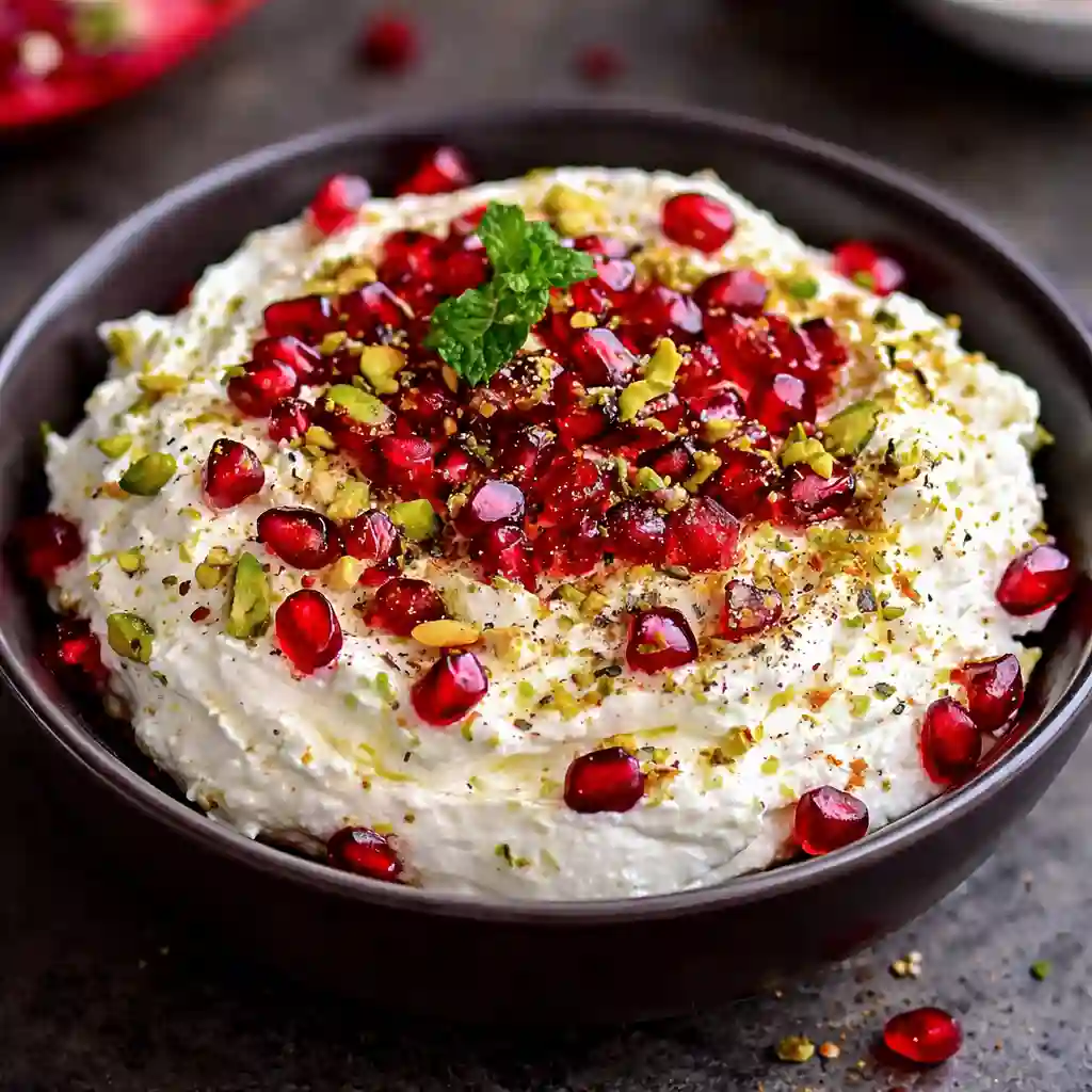 Family-friendly Pomegranate Pistachio Feta Dip with whipped feta on white marble background