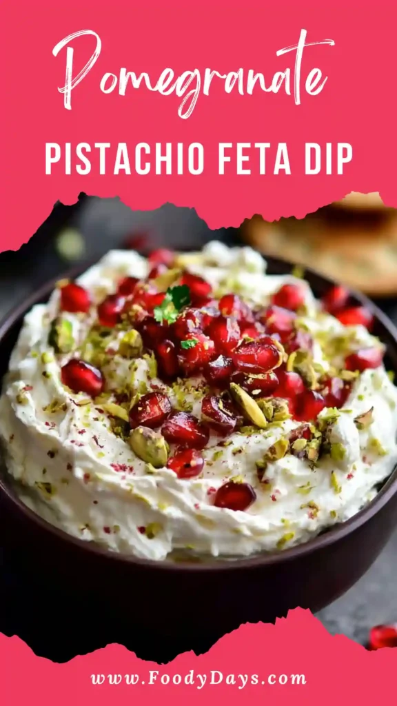 Family-friendly Pomegranate Pistachio Feta Dip with whipped feta on white marble background