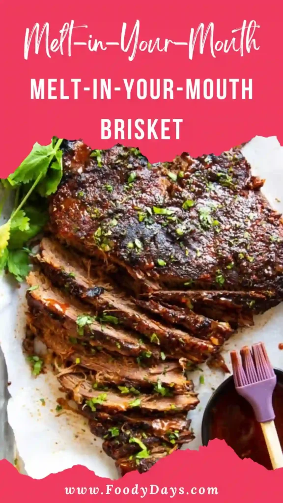 Family-friendly slow cooked beef brisket tender and juicy on white marble background