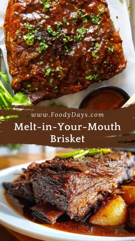 Family-friendly slow cooked beef brisket tender and juicy on white marble background