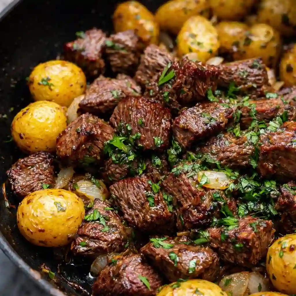 Family-friendly Slow Cooker Garlic Butter Beef with Potatoes served hot on white marble background