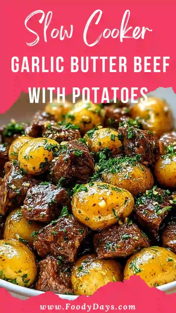 Family-friendly Slow Cooker Garlic Butter Beef with Potatoes served hot on white marble background