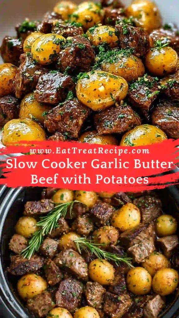 Family-friendly Slow Cooker Garlic Butter Beef with Potatoes served hot on white marble background