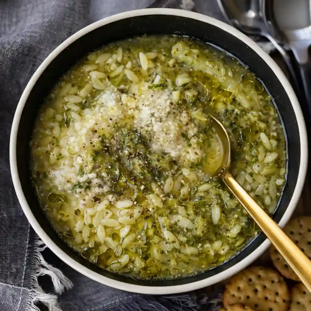 Warming Italian Broccoli Soup served family-style in a cozy bowl