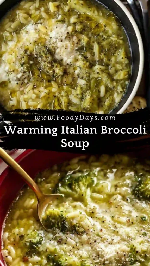Warming Italian Broccoli Soup served family-style in a cozy bowl