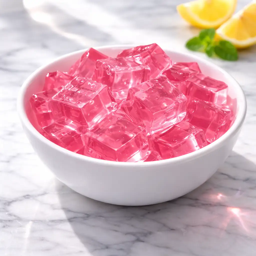 Pink gelatin cubes inspired by the Dr Oz gelatin recipe served in white bowl on marble background
