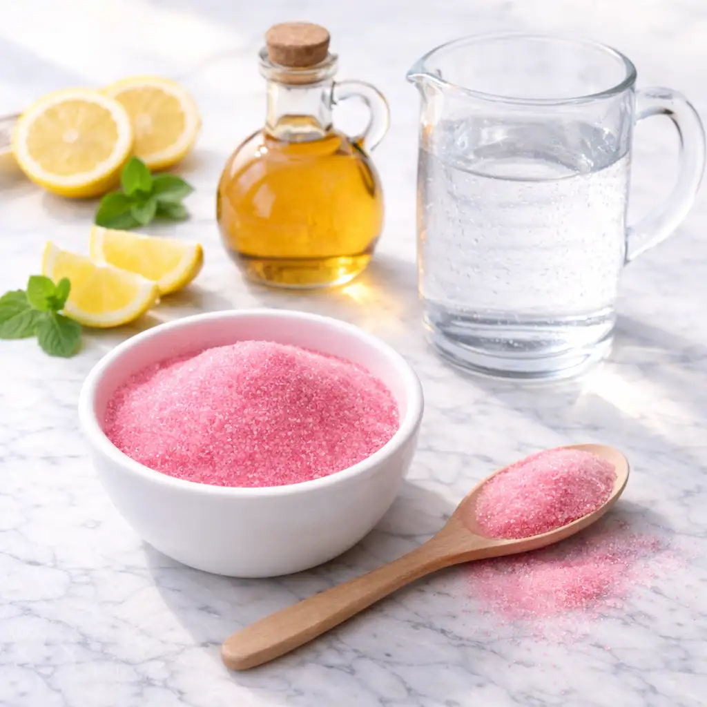 Pink gelatin cubes inspired by the Dr Oz gelatin recipe served in white bowl on marble background