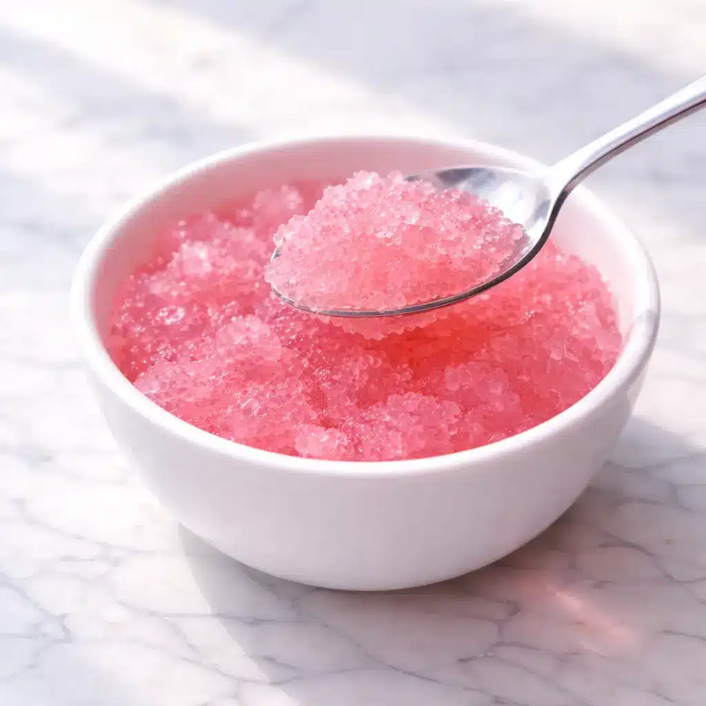 Pink gelatin cubes inspired by the Dr Oz gelatin recipe served in white bowl on marble background