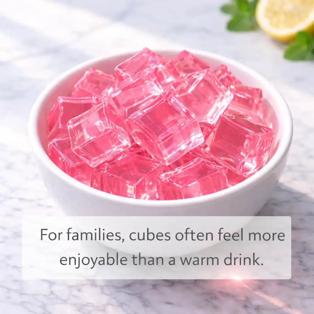 Pink gelatin cubes inspired by the Dr Oz gelatin recipe served in white bowl on marble background