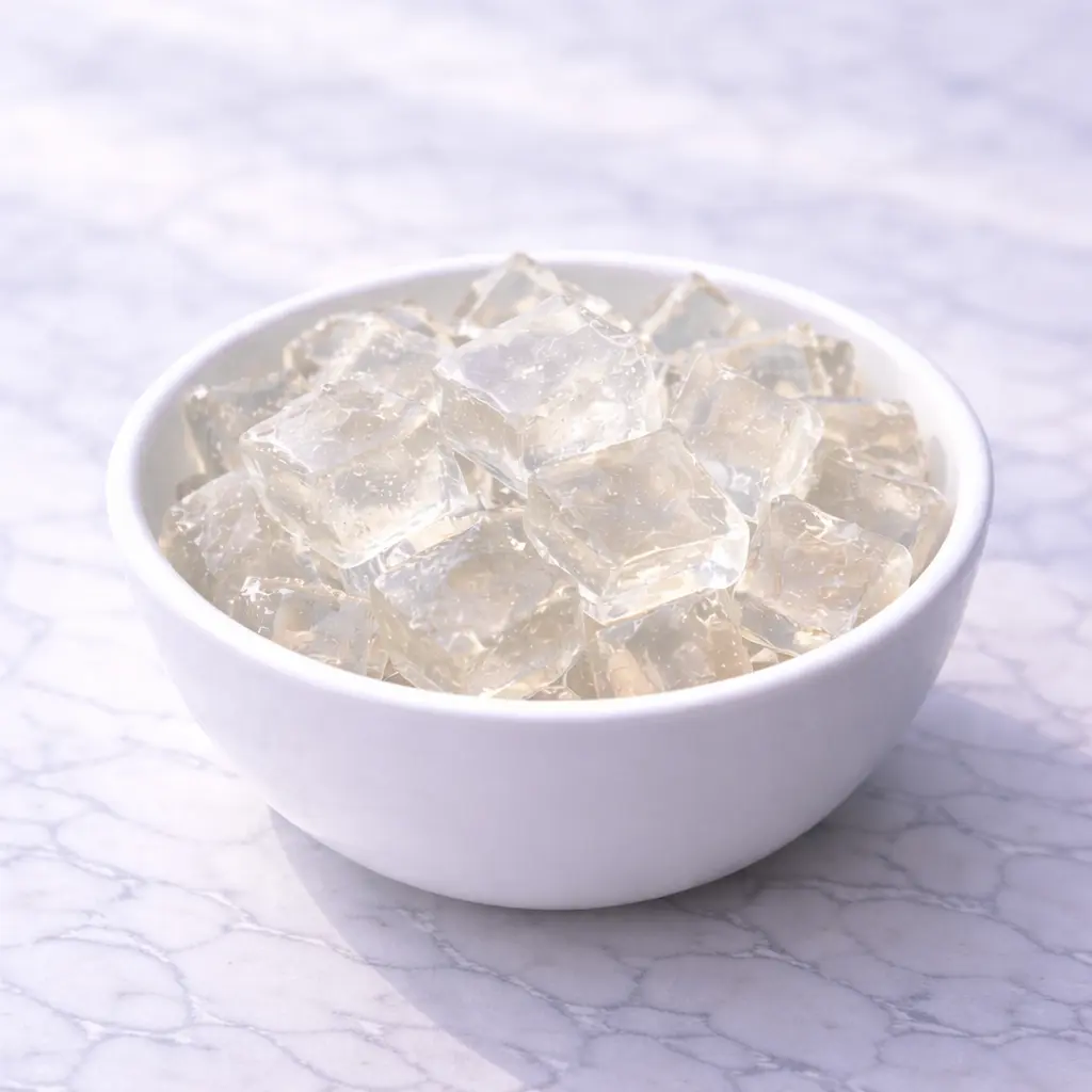 Jillian Michaels Gelatin Recipe cubes served in white bowl on marble surface