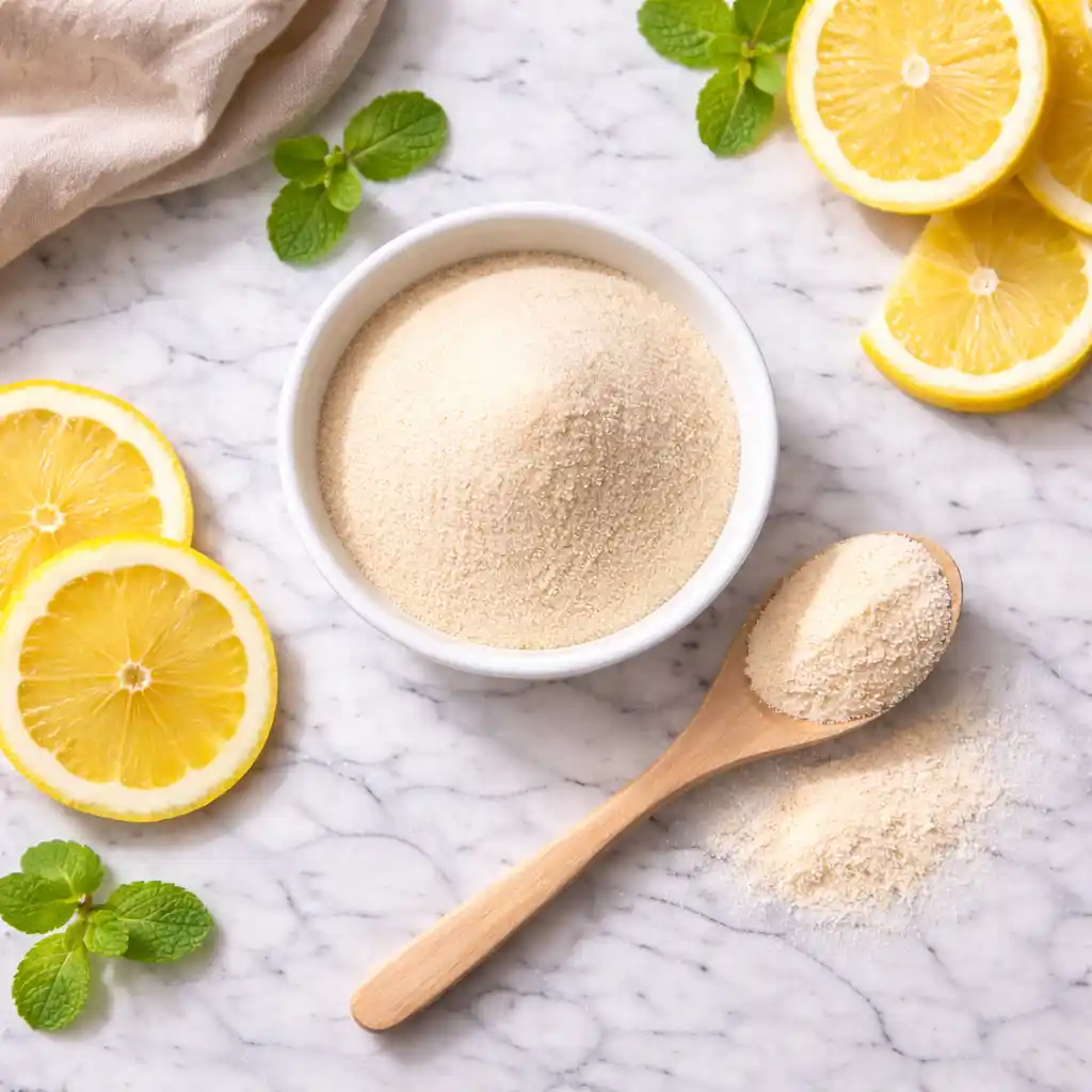 Clear gelatin cubes made from the gelatin trick recipe served in white bowl on marble surface